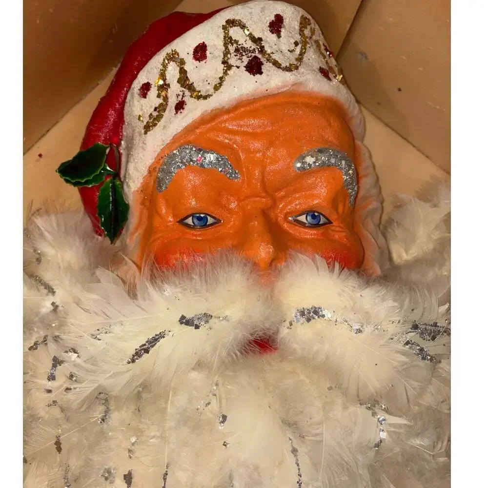 Vintage Large Hanging Paper Mache Santa Head Feather Beard Blue Eyes 22